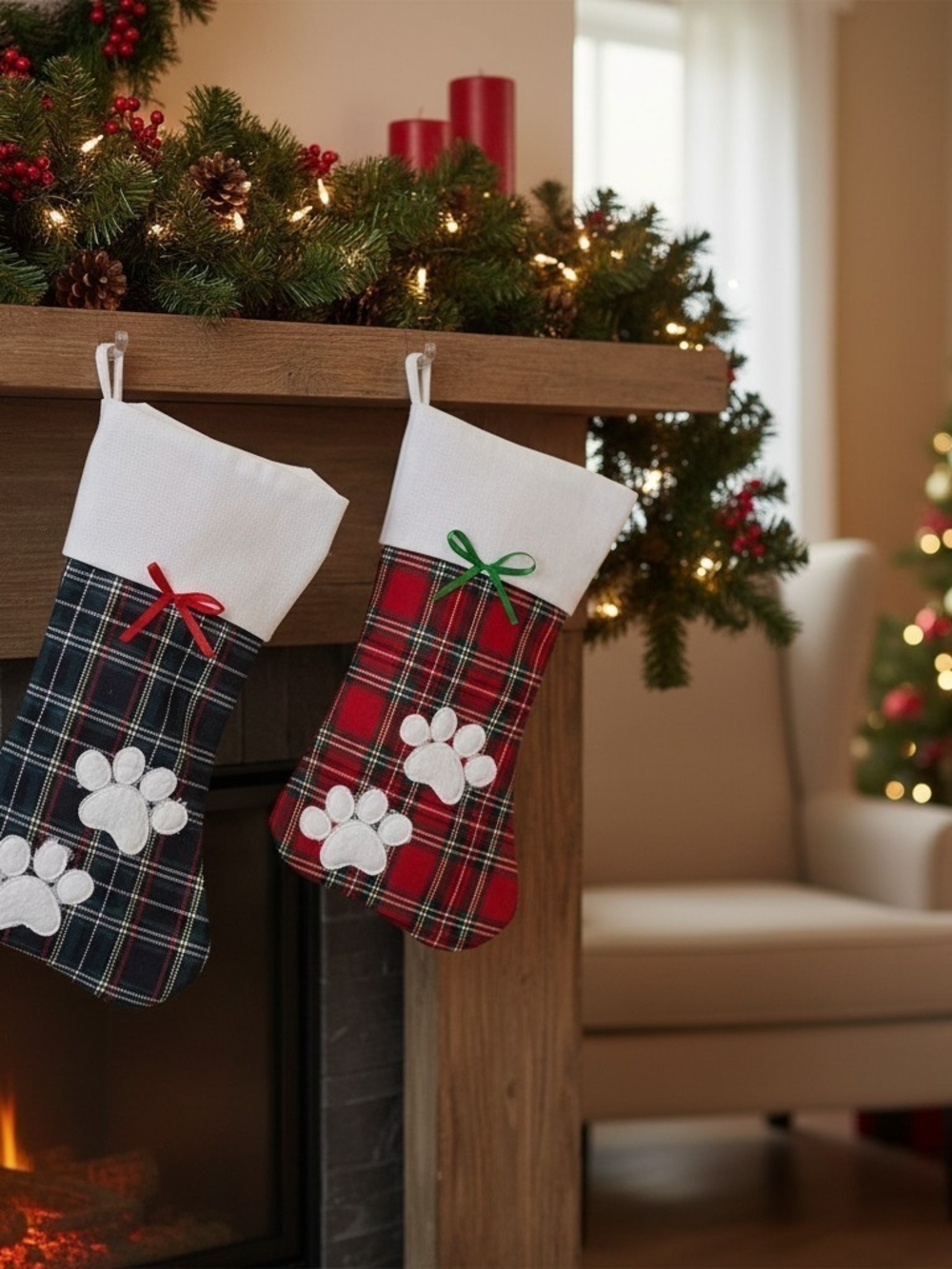 Plaid Pet Paw Christmas Stocking - Set of 2 (Red & Green)